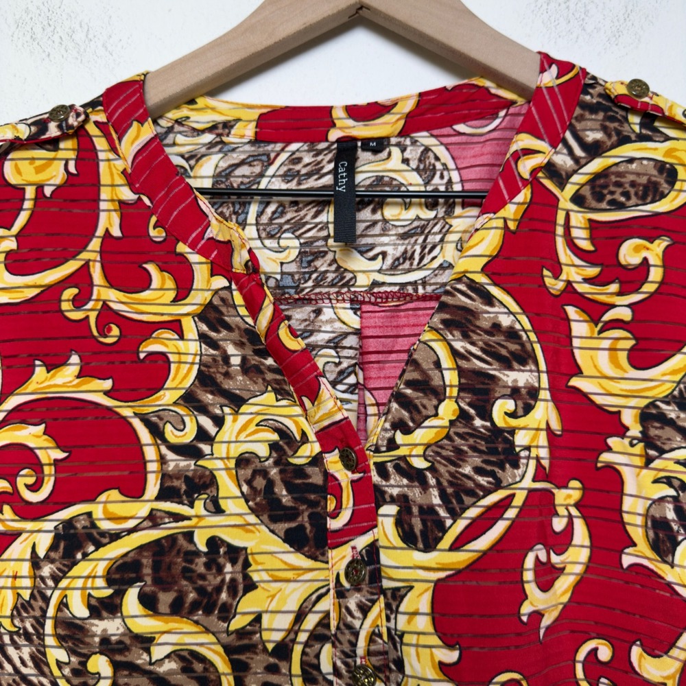 Cathy Women Equestrian Tunic Top M Red Baroque Leopard Print Henley Artsy‎ - Picture 5 of 10